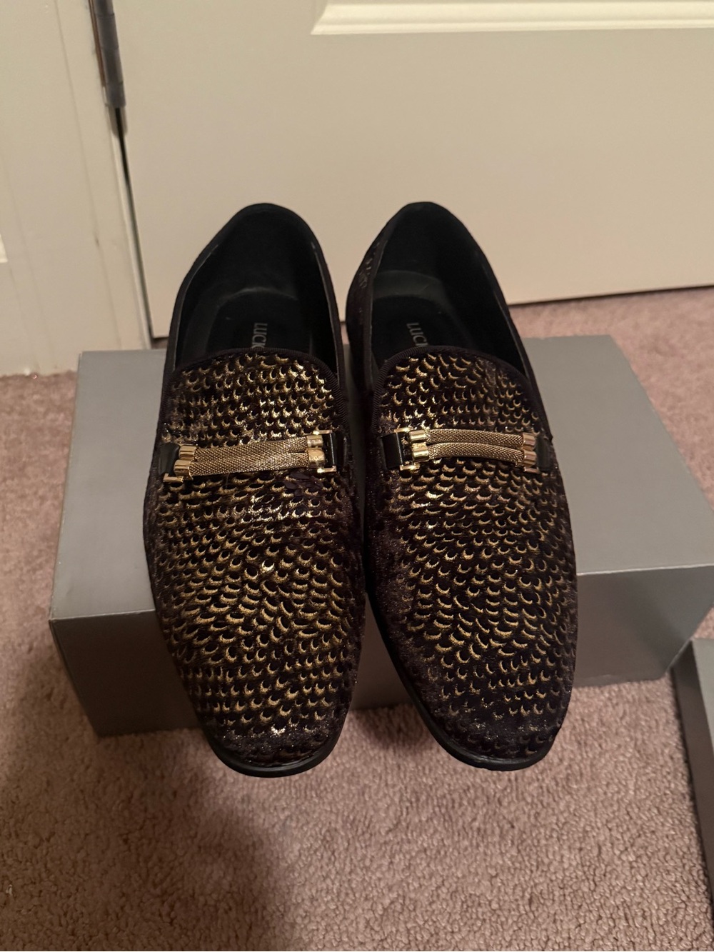 Lucio Ricci loafers featuring a distinct black and gold textured scale pattern